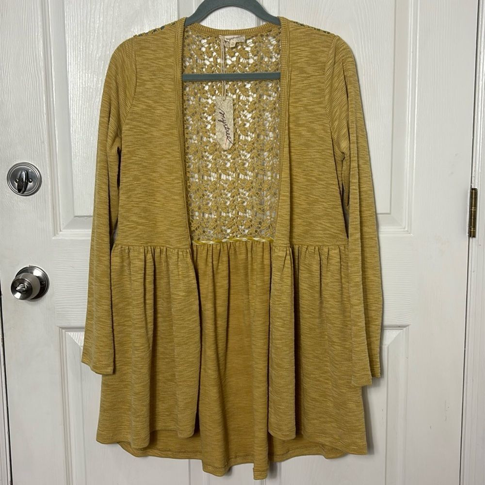 NEW Mystree mustard babydoll style open front cardigan lace crochet back Small